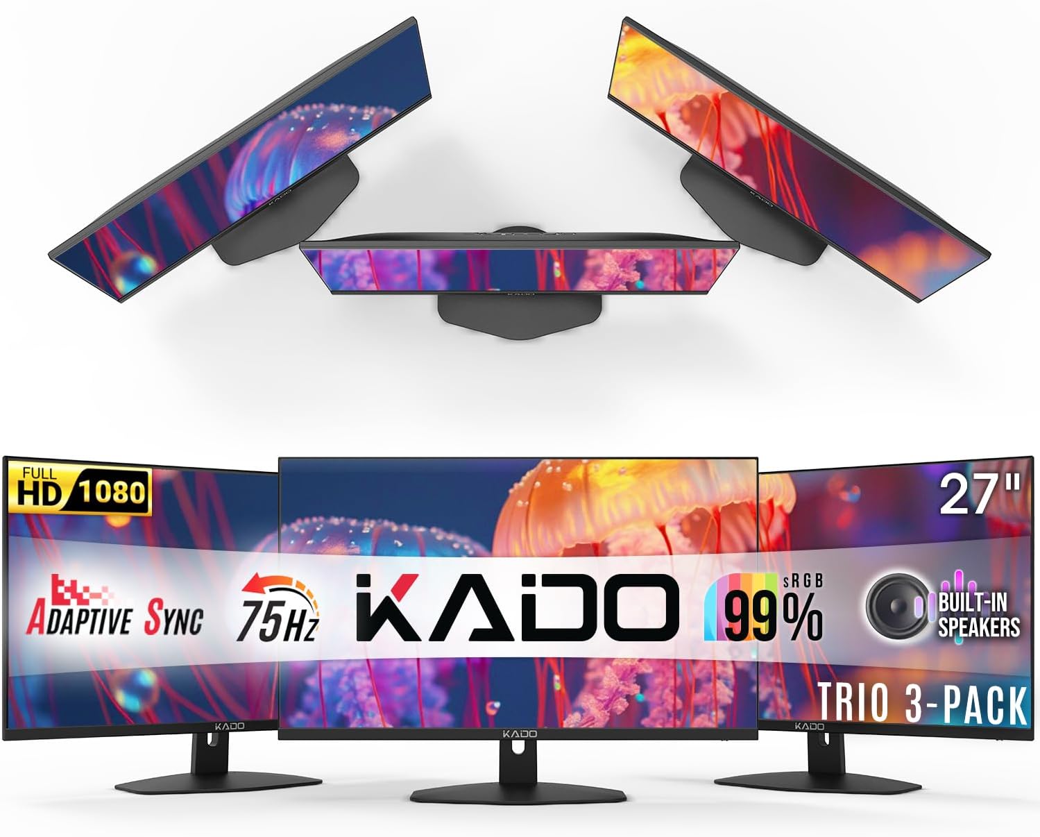 Kado Triple Monitor Setup - 3-Pack 27' 1920x1080 Computer Monitor 75Hz VESA Mount HDMI Office Gaming Hybrid Built-in Speakers (E27 Trio Series)