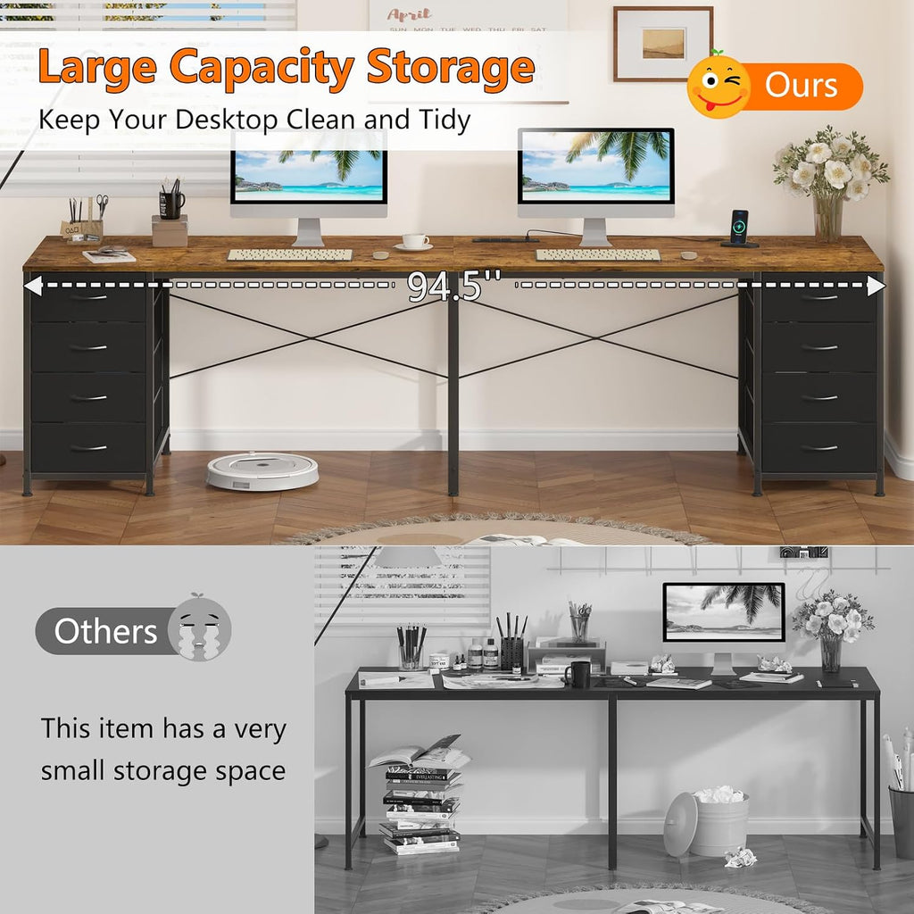 YOMILUVE 95'' Two Person Desk with 8 Drawers, Long Office Desk with Charging Station, 2 Person Desks Double Desk Writing Study Table for Home Office, Brown and White, Brown and Black