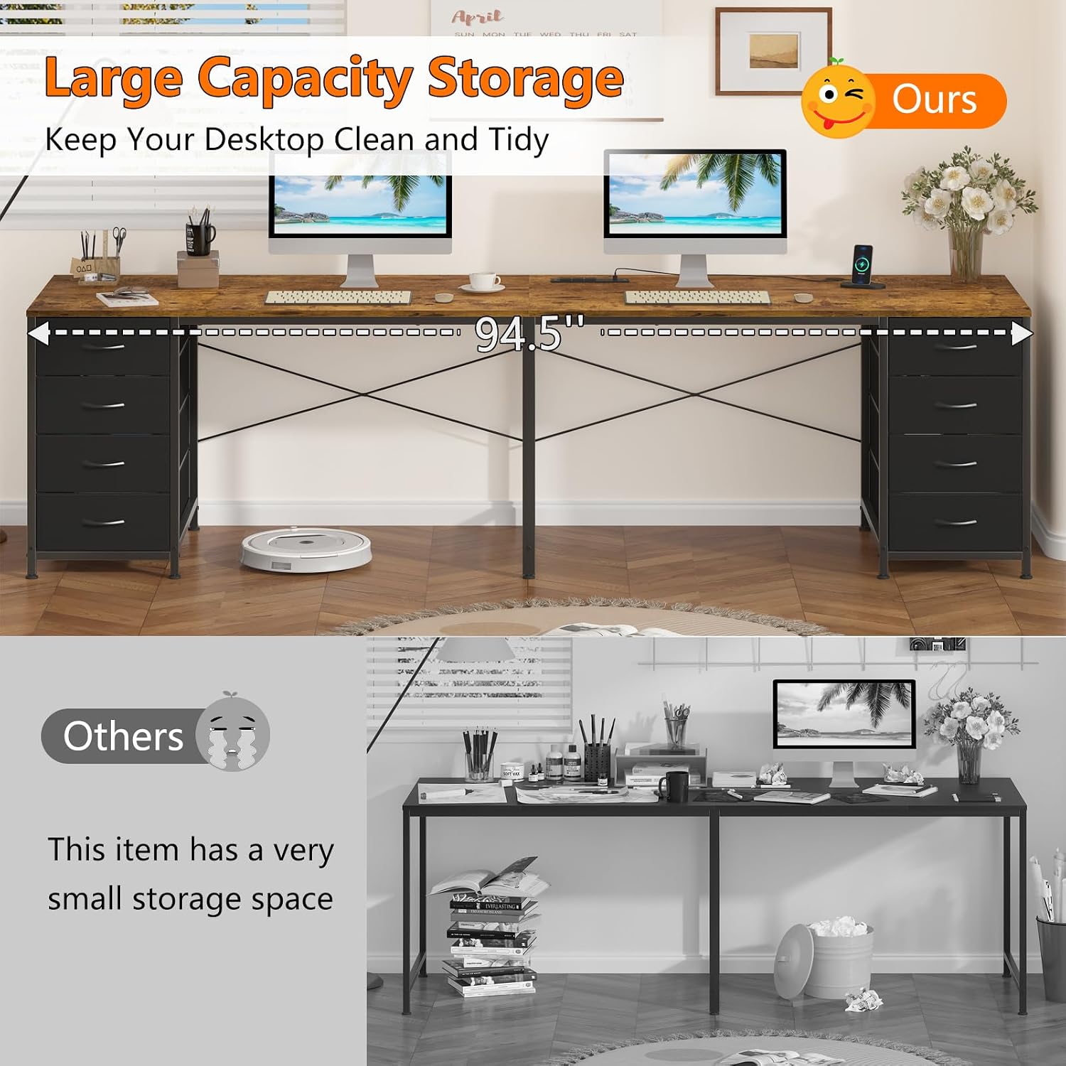YOMILUVE 95'' Two Person Desk with 8 Drawers, Long Office Desk with Charging Station, 2 Person Desks Double Desk Writing Study Table for Home Office, Brown and White, Brown and Black