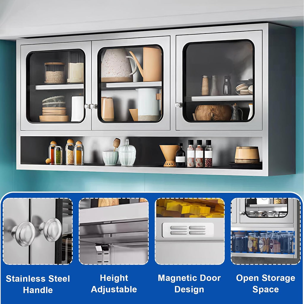 ZZV Kitchen Wall Cabinet, Stainless Steel Wall Mounted Cabinet with Adjustable Shelves, Industrial Wall Storage Cabinet for Garage, Warehouse, Commercial Kitchen, 8.66D x 45W x 27.56H in