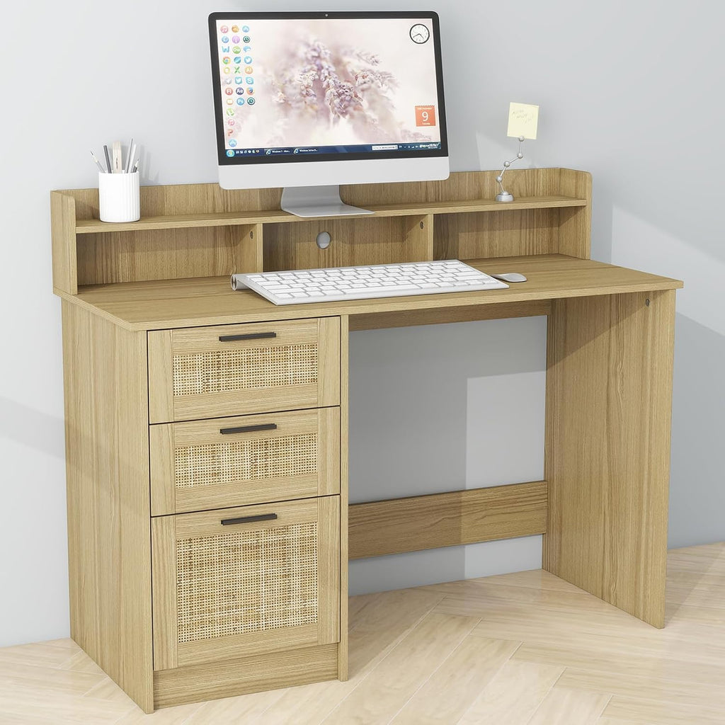 FUNKOCO Computer Desk with Rattan Drawers and Hutch - 47 Inch Home Office Boho Writing Desk with Storage File Drawer & Monitor Stand, Modern Wood Computer Table