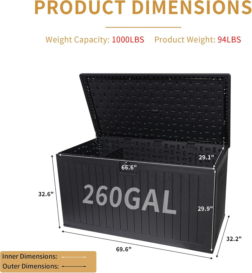 320 Gallon Deck Box Waterproof, Resin Outdoor Storage Box Extra Large Lockable with Divider and Lifter Prevent Water Seeping into from Floor for Patio Cushions
