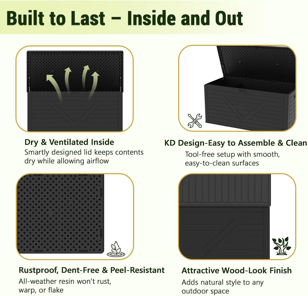 260 Gallon Outdoor Storage Box, Waterproof Resin Double-Wall Deck Box Organizer with Removable Dividers for Patio Cushion Storage, Lockable Outside Container for Garden Tools