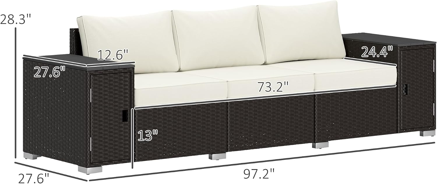 Outsunny 3 Seater Wicker Sofa with 2 Storage Side Tables and Thickened Cushions, Rattan Outdoor Patio Sofa with Wide Armrests, Wicker Outdoor Couch for Porch, Garden, Backyard, Cream White/Brown