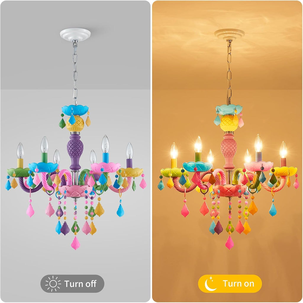 6-Light Children Crystal Chandeliers, Modern Design Rainbow Colorful Pendant Light Fixture for Bedroom, Dining Room, D23×H33~71 inch(Adjustable Height), Macaron Color Finish & K9 Crystal