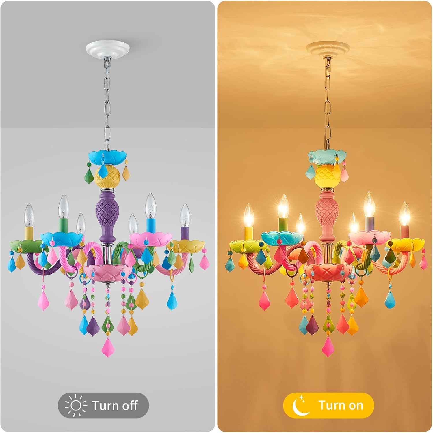 6-Light Children Crystal Chandeliers, Modern Design Rainbow Colorful Pendant Light Fixture for Bedroom, Dining Room, D23×H33~71 inch(Adjustable Height), Macaron Color Finish & K9 Crystal