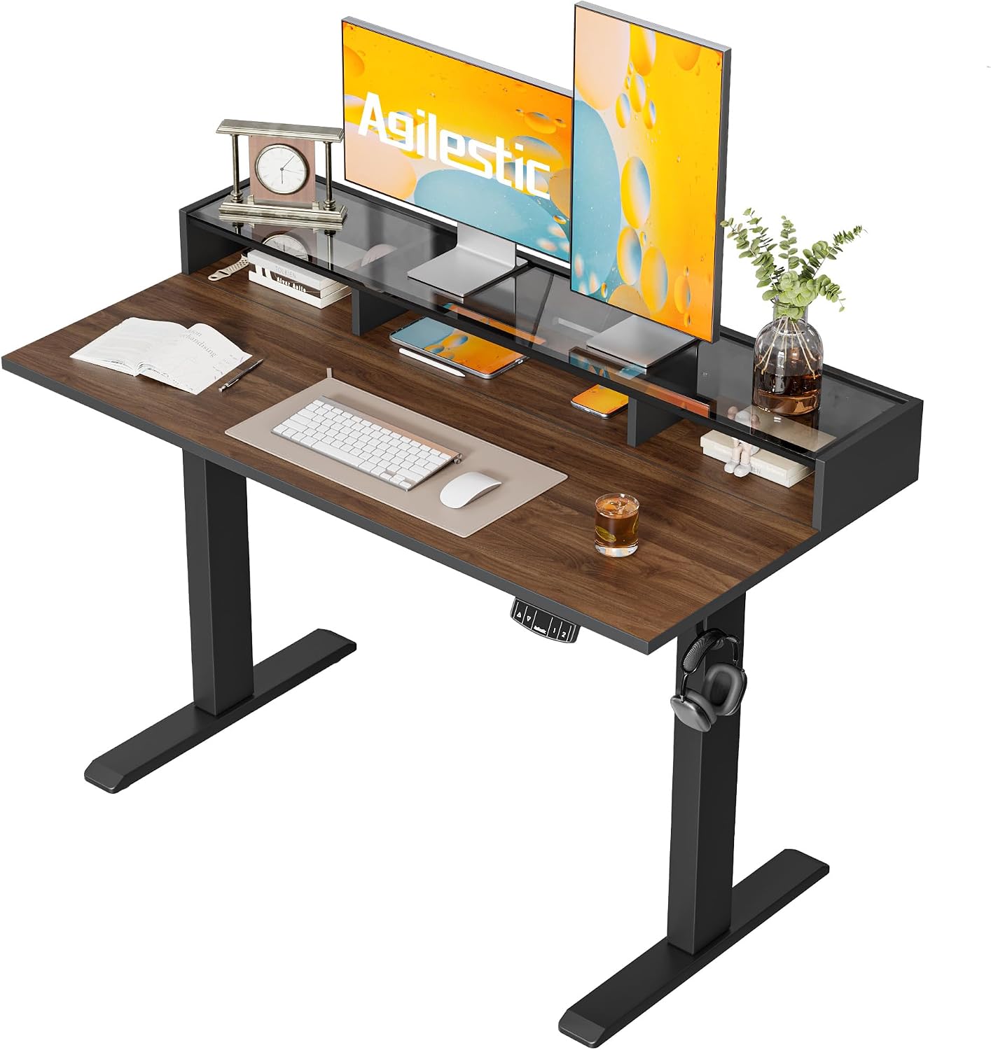 Agilestic 48 x 24 Inches Electric Standing Desk with Storage, Adjustable Height Sit and Stand Computer Table with Glass Shelf, Splice Board, Dark Walnut