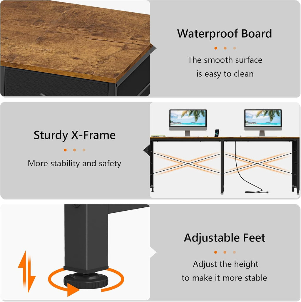 YOMILUVE 95'' Two Person Desk with 8 Drawers, Long Office Desk with Charging Station, 2 Person Desks Double Desk Writing Study Table for Home Office, Brown and White, Brown and Black