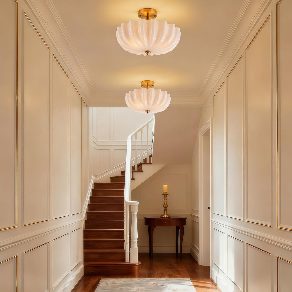 Gold Semi Flush Mount Ceiling Light, 15.7'' Milk Glass Light Fixture, 3-Light Modern Brushed Brass Ceiling Light Fixture for Hallway Entryway Foyer Living Room, E26