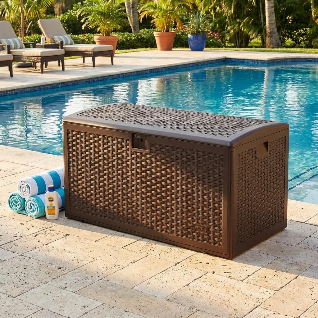 Garvee 99 Gallon Waterproof Large Resin Deck Box Indoor Outdoor, Lockable Storage Container for Patio Furniture Tools, Waterproof Deck Box Patio Storage Bin for Pool Garden, Brown