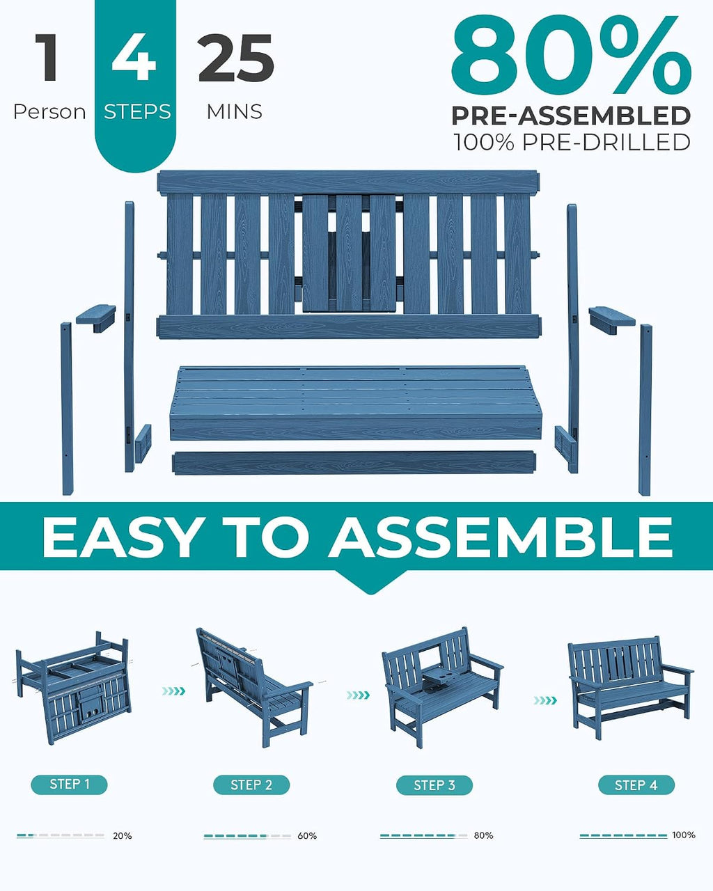 SERWALL Outdoor Bench with Cup Holder, 58' HDPE Front Porch Bench Suitable for 3 Person, All Weather Patio Benches with High Backrest and Wide Armrests for Garden, Park, Yard, Navy