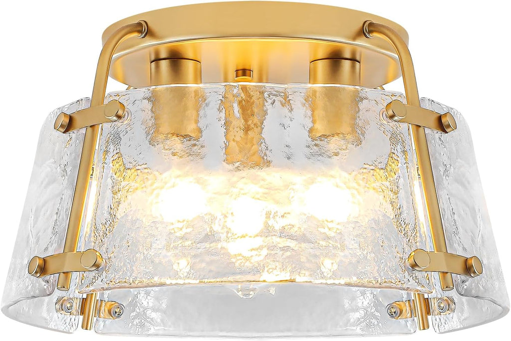 Gold Semi Flush Mount Ceiling Light, Modern Hallway Light Fixtures with Thick Hammered Glass, 3-Light Kitchen Ceiling Lights for Entryway Bedroom Foyer Laundry Bathroom Dining Room
