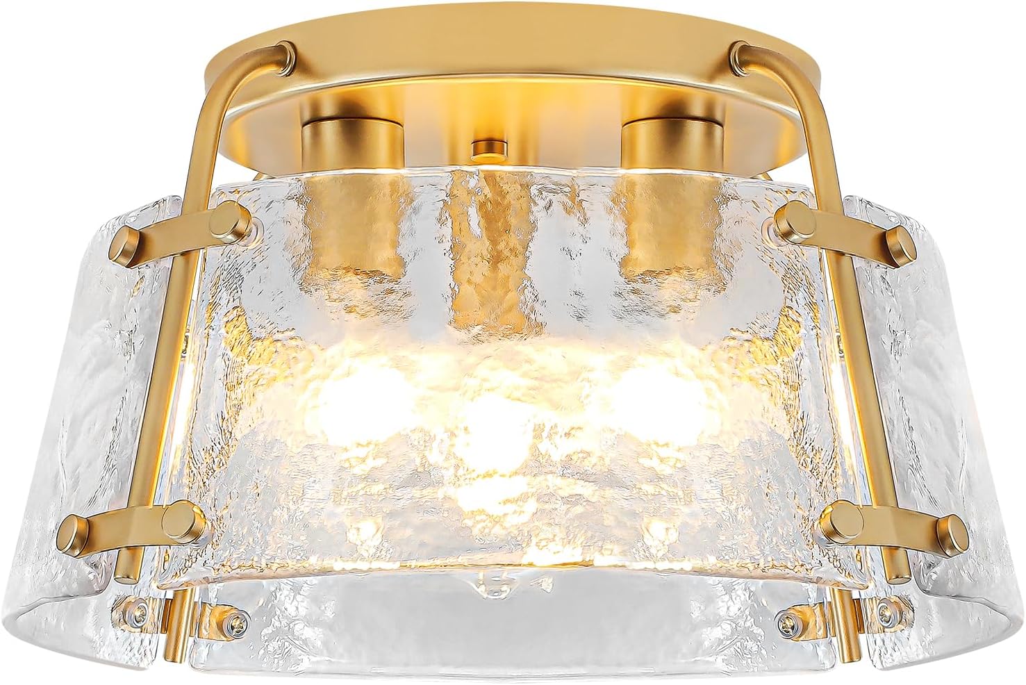 Gold Semi Flush Mount Ceiling Light, Modern Hallway Light Fixtures with Thick Hammered Glass, 3-Light Kitchen Ceiling Lights for Entryway Bedroom Foyer Laundry Bathroom Dining Room