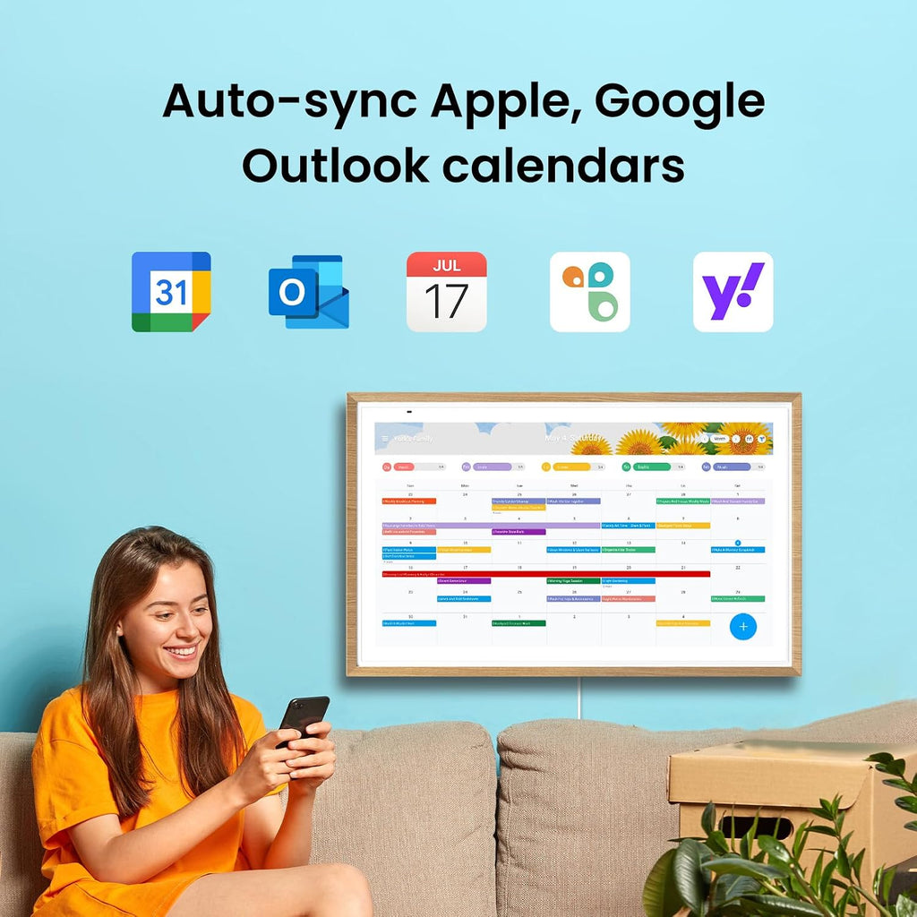 Apolosign 27-inch Digital Calendar : Dual Mode Smart Wall Planner, No Subscription, Install Apps, Sync Calendars, Electronic Touchscreen Interactive Display for Family Schedules, Chore Chart - with Stand (Teak)