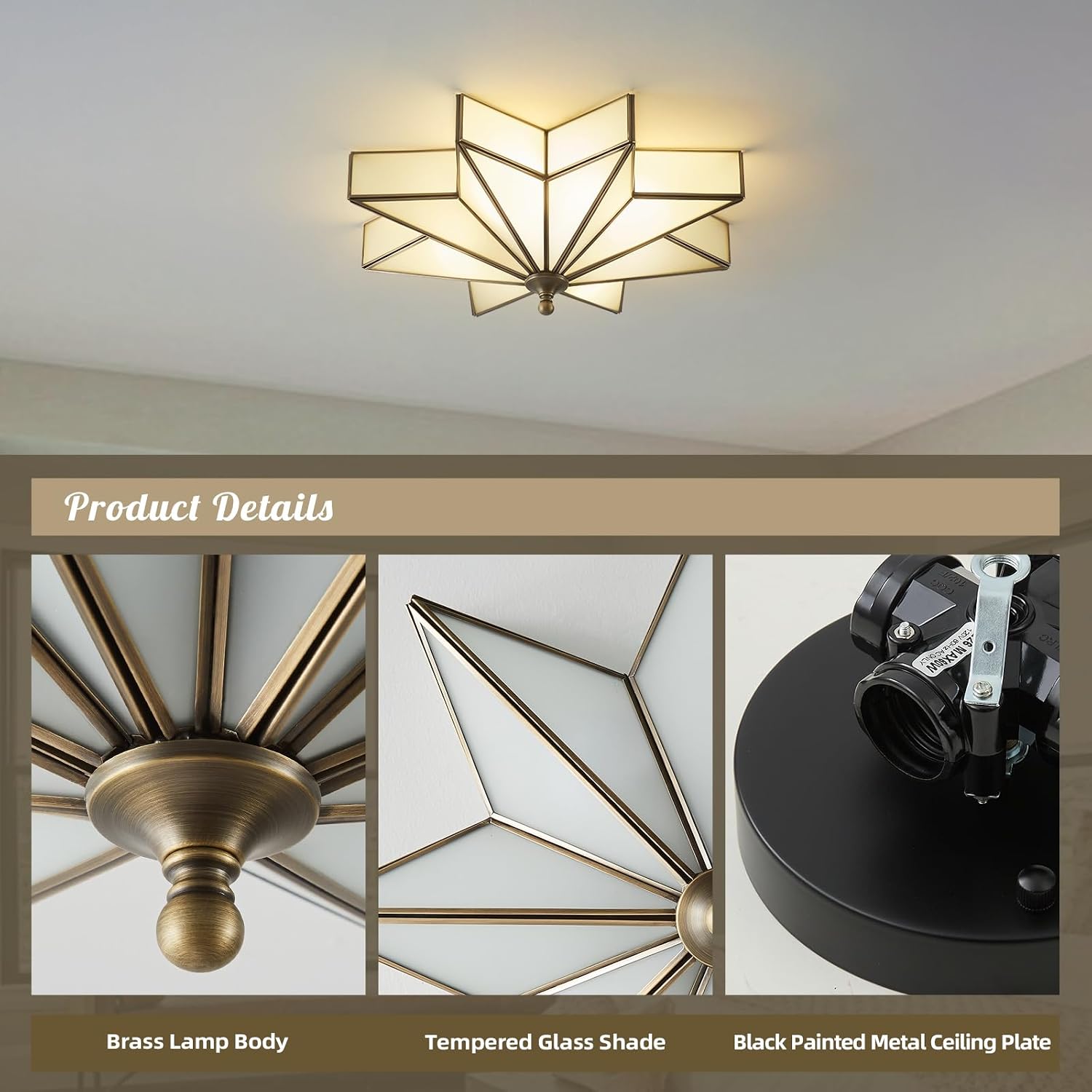 Star Vintage Bronze Ceiling Light - 19.7 Inch Large Milk Glass Antique Flush Mount Fixture - Mid Century Black Art Deco Lighting for Kitchen Hallway Bedroom Bathroom Laundry Entryway Farmhouse Hall