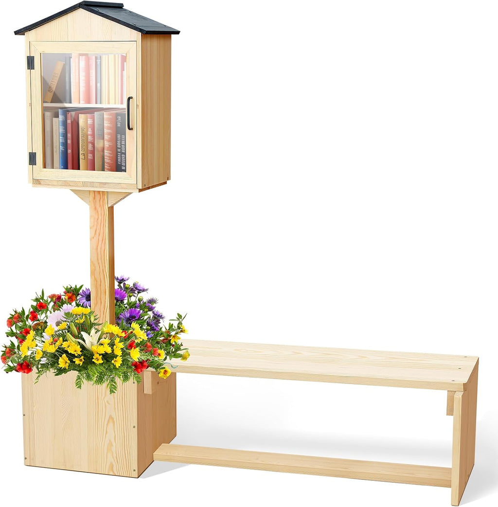 Wonderjune Little Library Box Outdoor with Bench & Planter DIY Paintable Lending Free Library Solid Pine Wood Neighborhood Share Box Ground Mount Kit for Yard Garden Community School(Wood)