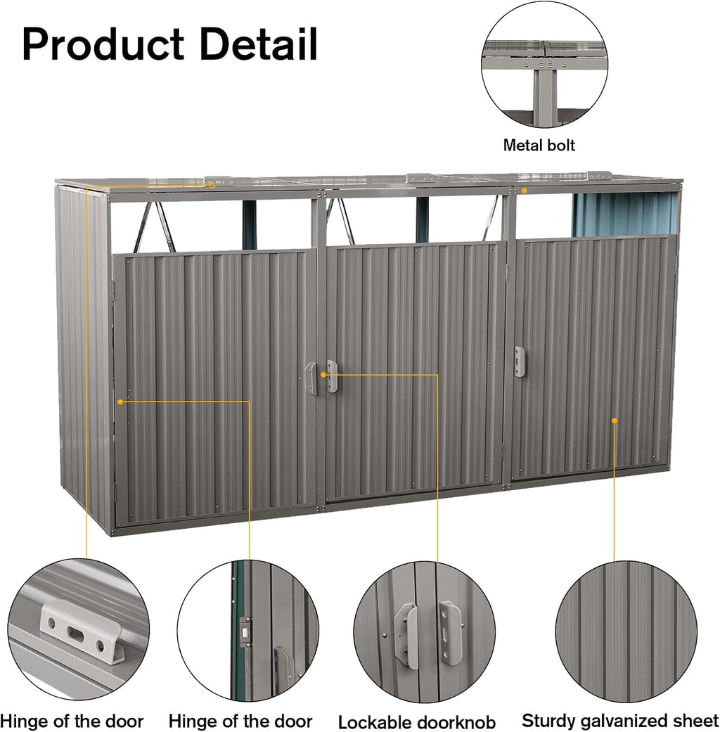 Outdoor Trash Can Storage Shed, Metal Trash Can Enclosure for 3 Trash Cans, Garbage Can Holders for Outside, Garbage Bin Storage Shed for Garden Yard Lawn (8 FT, Light Gray)