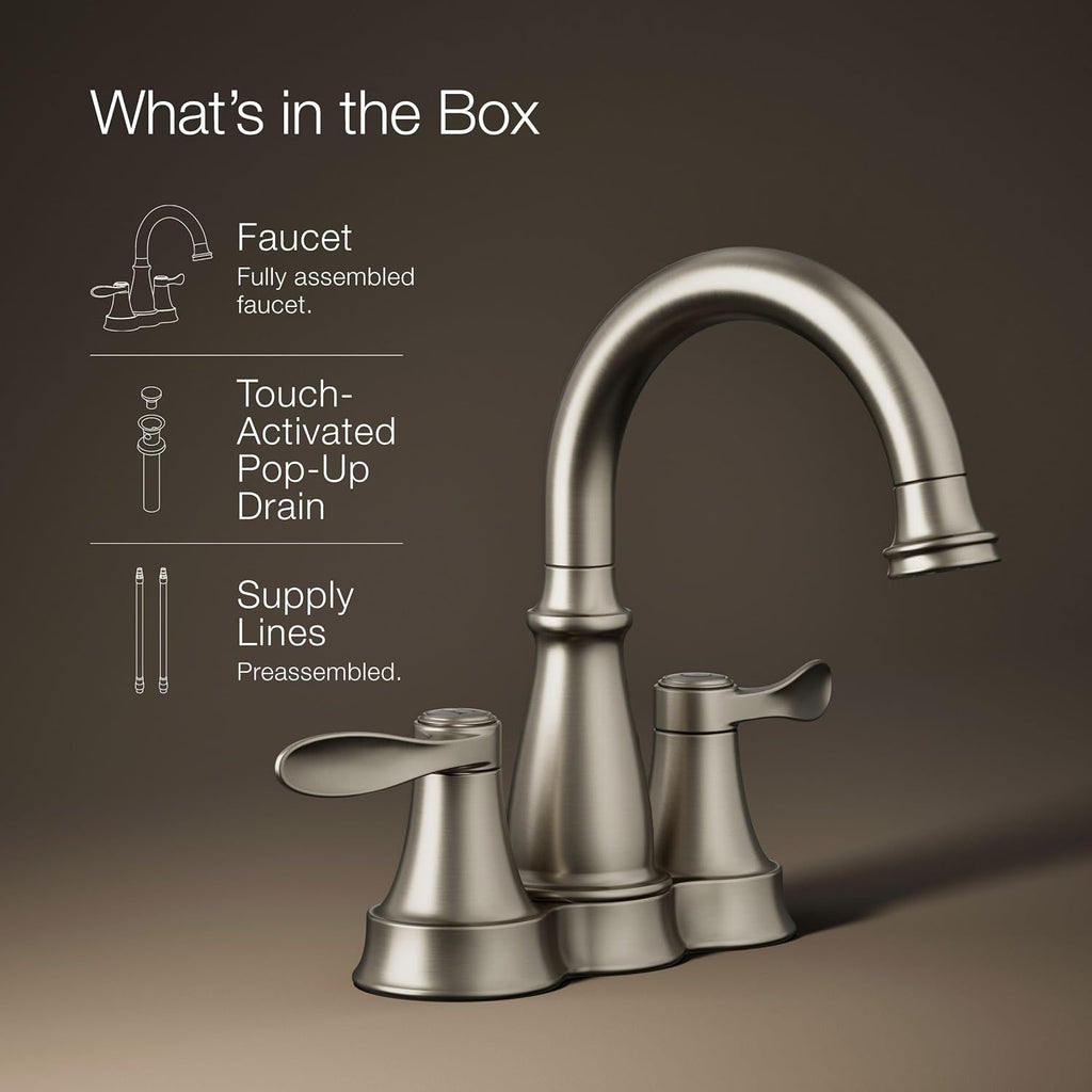 KOHLER K-27378-4-BN Bellera® Centerset Bathroom Sink Faucet, 1.2 GPM, Ceramic Disc Valves, Traditional Design, Vibrant Brushed Nickel