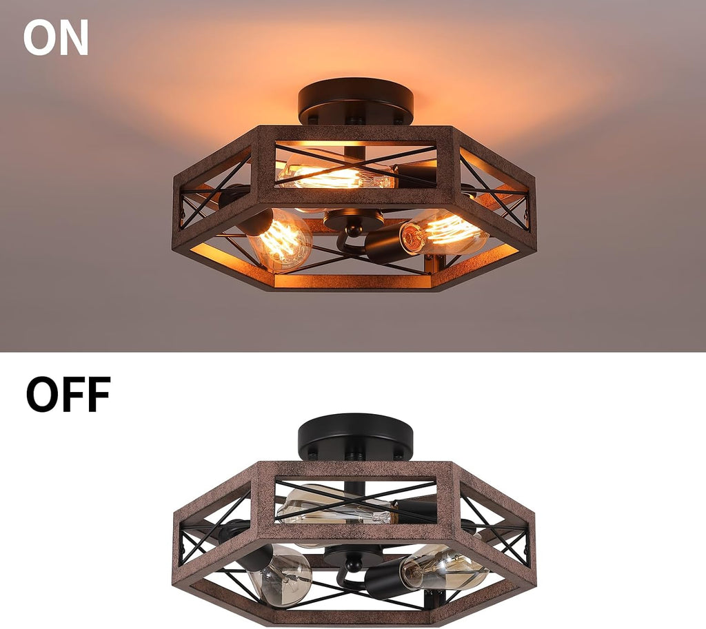 2 Pack 3-Light Rustic Farmhouse Metal Flush Mount Ceiling Light Fixture 14.5 inch Antique Oak Hexagon Cage Semi Flush Mount Ceiling Light for Hallway Hall Entry Bedroom Kitchen Farmhouse, Black