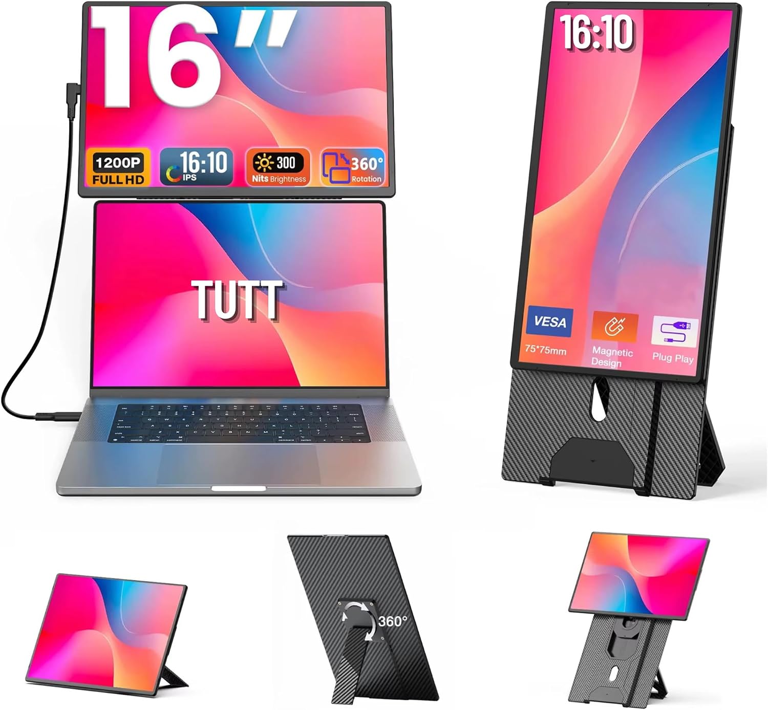 TUTT 16' Laptop Screen Extender with Stand 16:10 Ratio USB-C/HDMI + Speaker | Multiple Position Portable Monitor | Reverse Charging Plug-Play for Mac/OS/Wins/Chrome/Dex N2