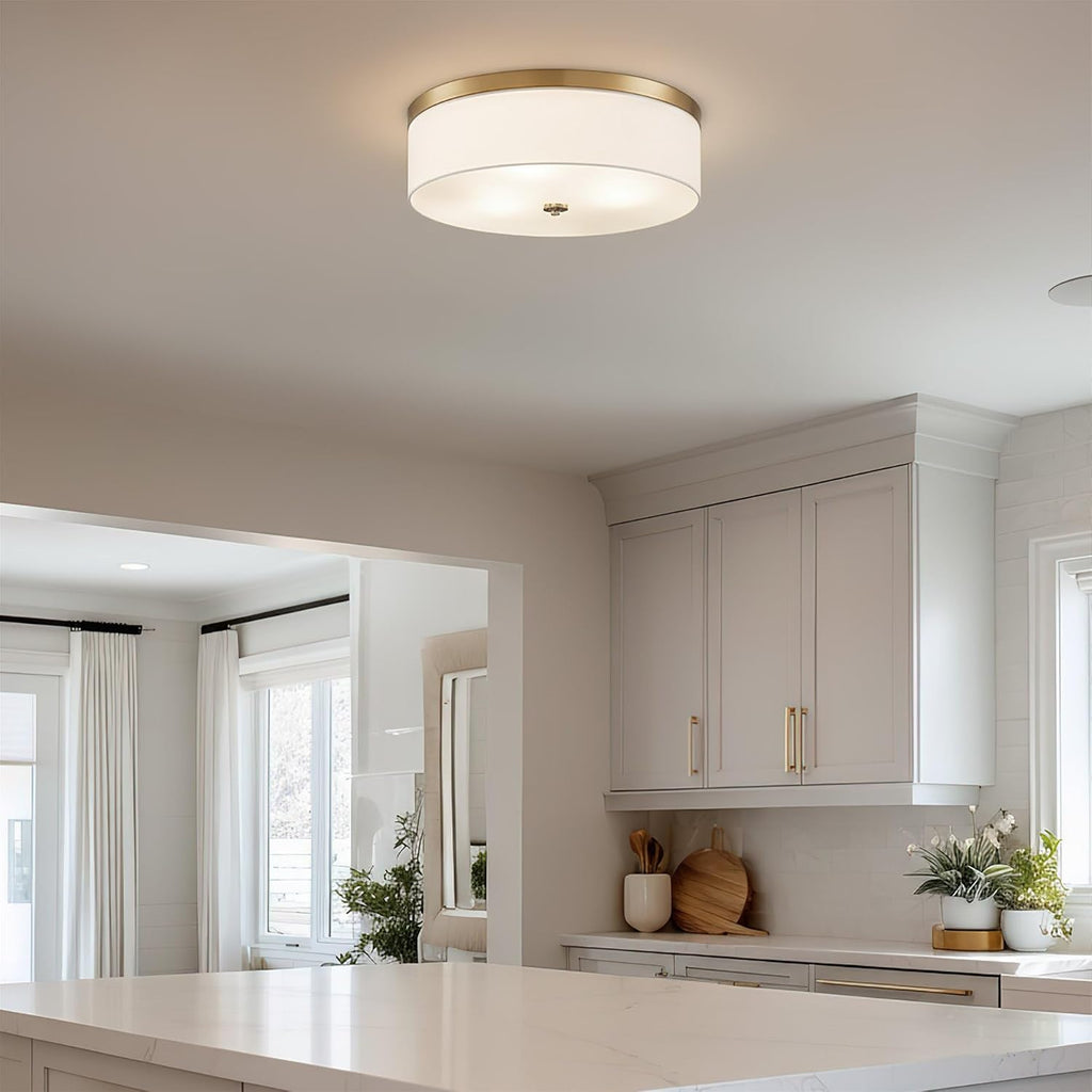 Kira Home Walker 20' Modern Drum Gold Flush Mount Ceiling Light, White Fabric Shade with Frosted Glass Diffuser, 3-Light Large Close to Ceiling Fixture, Cool Brass Finish