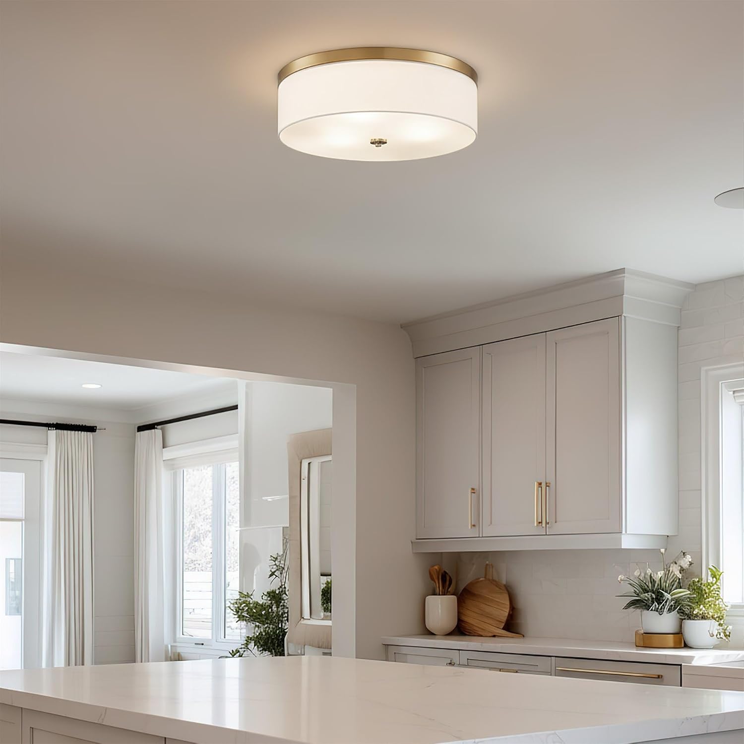Kira Home Walker 20' Modern Drum Gold Flush Mount Ceiling Light, White Fabric Shade with Frosted Glass Diffuser, 3-Light Large Close to Ceiling Fixture, Cool Brass Finish