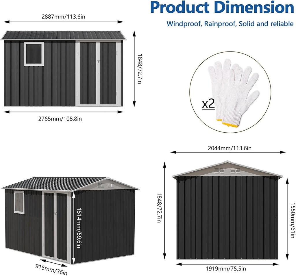 9.5 x 6.7FT Outdoor Storage Shed, Utility Tool Shed with Door & Lock Metal Storage Garden Shed for Patio Storage (Grey, 9.5 x 6.7FT)