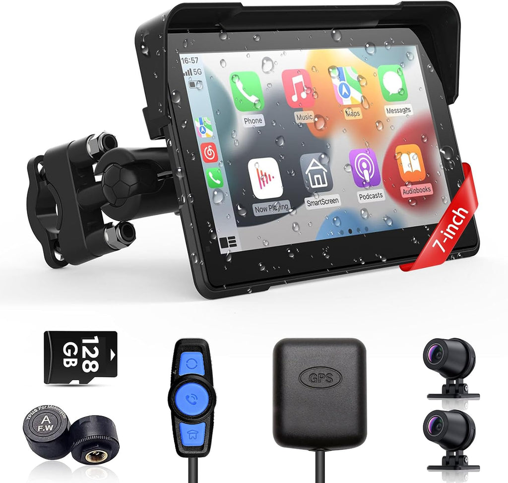 Wireless Motorcycle Apple Carplay & Android Auto,7 Inch Touchscreen with AHD Dual Cam,Siri & Google Assistant, Looping Recording/BSD/Bluetooth 5.2/ GPS/Remote Control/TMPS /IP69K Waterproof /128GB