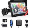 Wireless Motorcycle Apple Carplay & Android Auto,7 Inch Touchscreen with AHD Dual Cam,Siri & Google Assistant, Looping Recording/BSD/Bluetooth 5.2/ GPS/Remote Control/TMPS /IP69K Waterproof /128GB