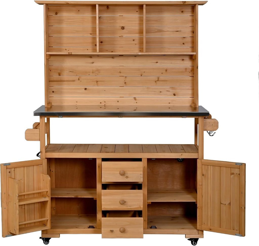 65''H Large Garden Potting Bench, Solid Fir Wood Outdoor Kitchen Island with Lockable Wheels, Stainless Steel top, Drawers, Shelf and Cabinets, Door Shelves and Hutch for Grilling (Natural-113)