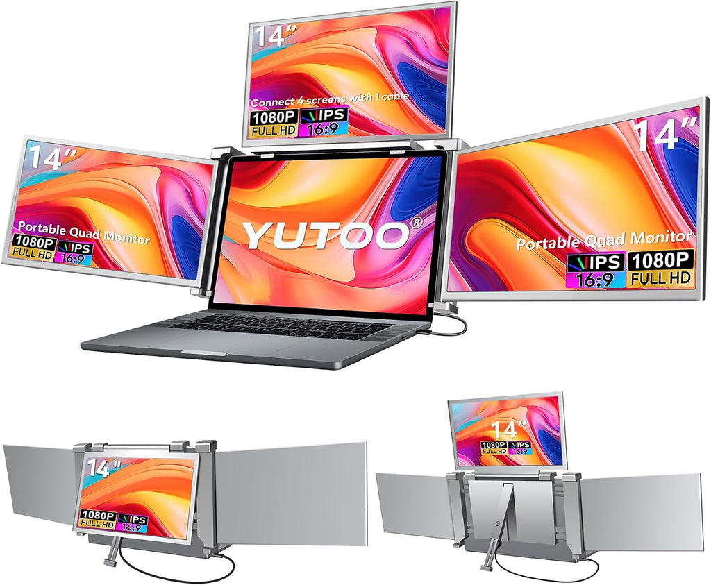 YUTOO 4 Screen Laptop Monitor Extender | One USB-C Cable for M1 M2 M3 | 14' 1080P FHD IPS 4 Screen Monitor for Laptops 13.6~17.3 inch | Quad Screen Extender Display for MacBook/Windows/Switch/PS5