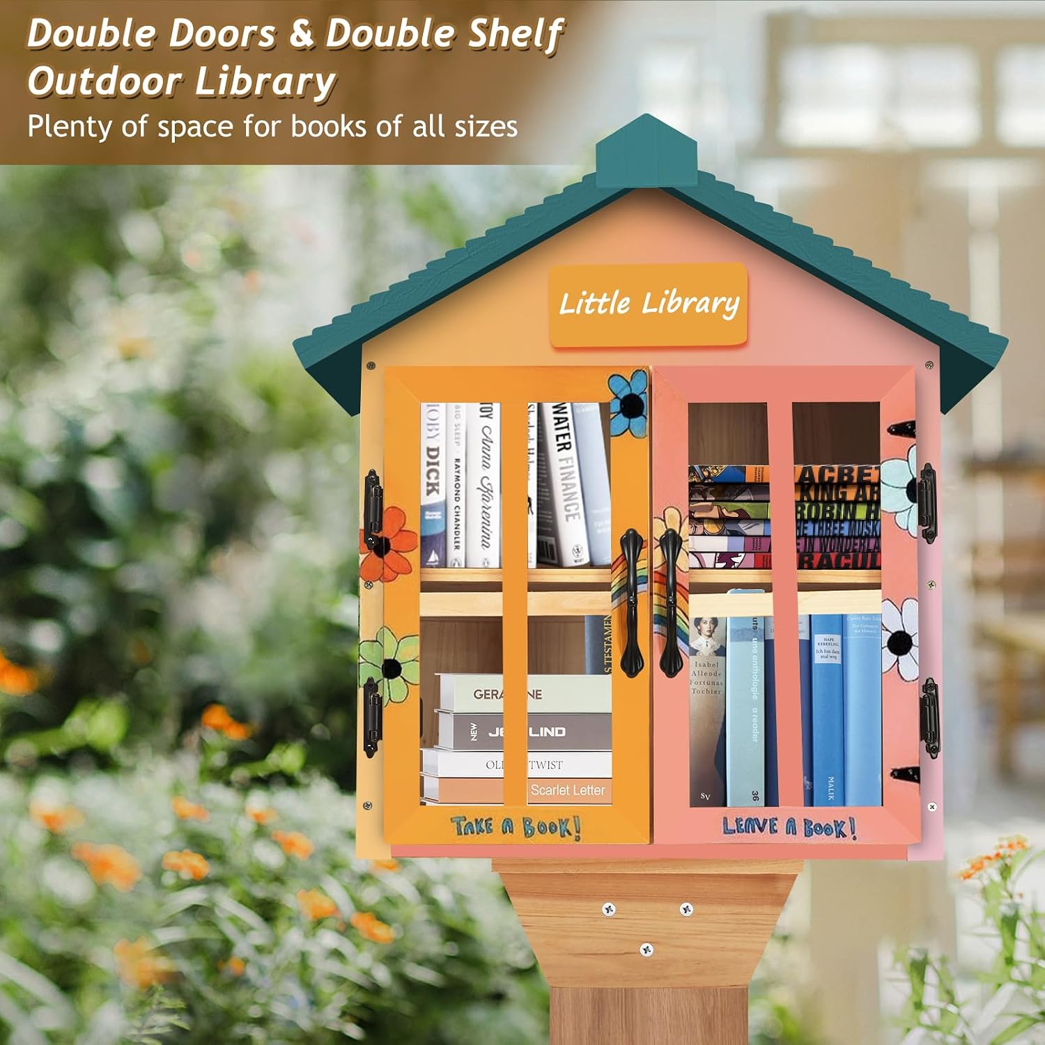 Little Library Box Outdoor Free Library Kit, Updated Double Doors Literature Little Library Box, Wood Cabinet Book Storage for DIY Nameplate, Neighborhoods, Community, Schools Sharing Books