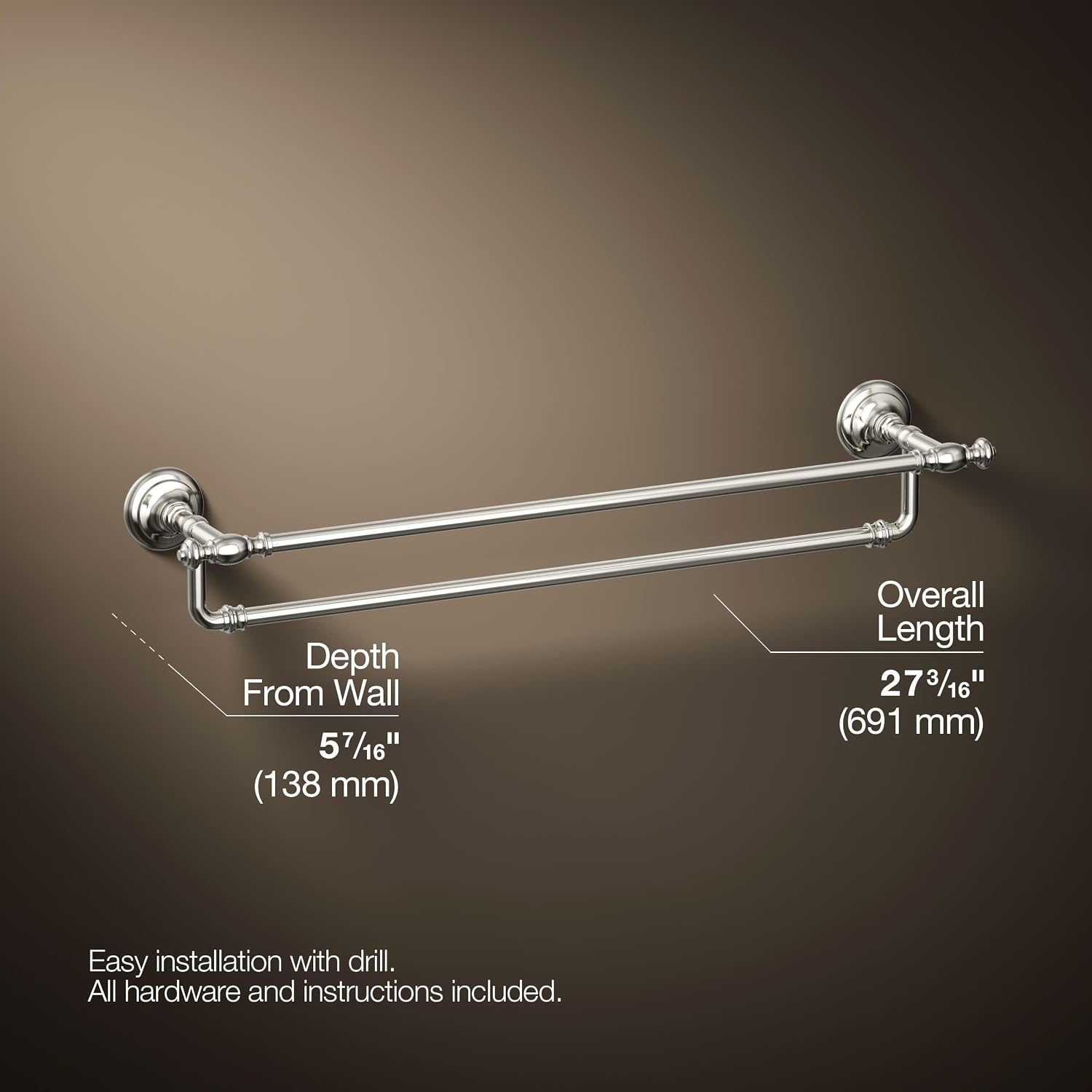Kohler 72570-SN Artifacts® 24' Double Towel bar, Vibrant Polished Nickel