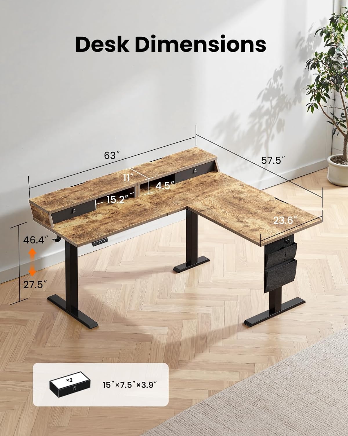 ErGear L Shaped Electric Standing Desk, 63' Ergonomic Corner Height Adjustable Desk with Drawers, Sit Stand Computer Table with Storage for Work Office Home, Vintage Brown