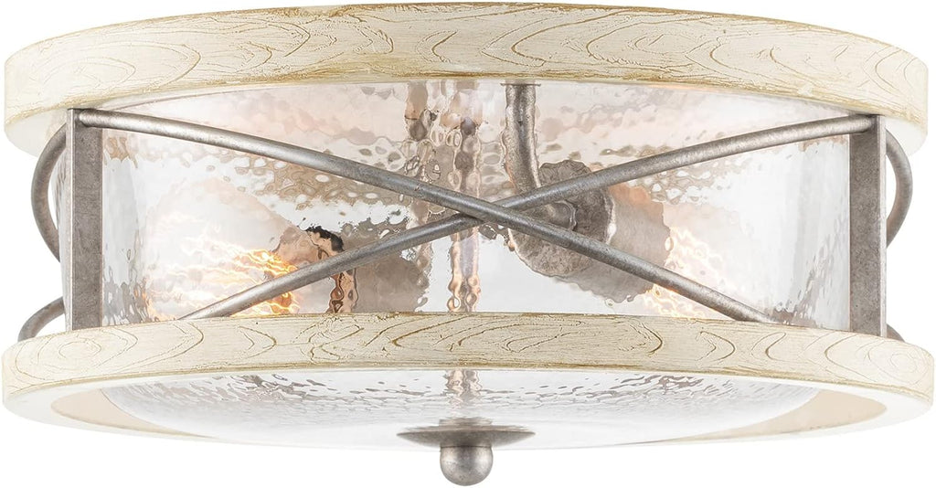 Kira Home Blaylock 13' 2-Light Farmhouse Flush Mount Ceiling Light with Hammered Glass Shade, Modern Hand-Painted Wood Grain Metal Fixture, White Ash Wood and Galvanized Steel Finish