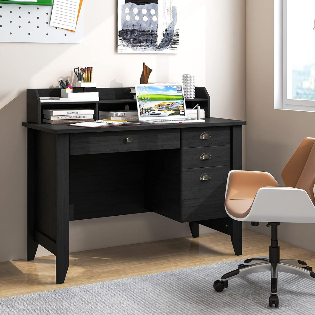 48' Vintage Computer Desk with 4 Storage Drawers & Top Hutch, Home Office Workstation with Drawer & Monitor Stand, Wooden Study Work Writing Table (Black)