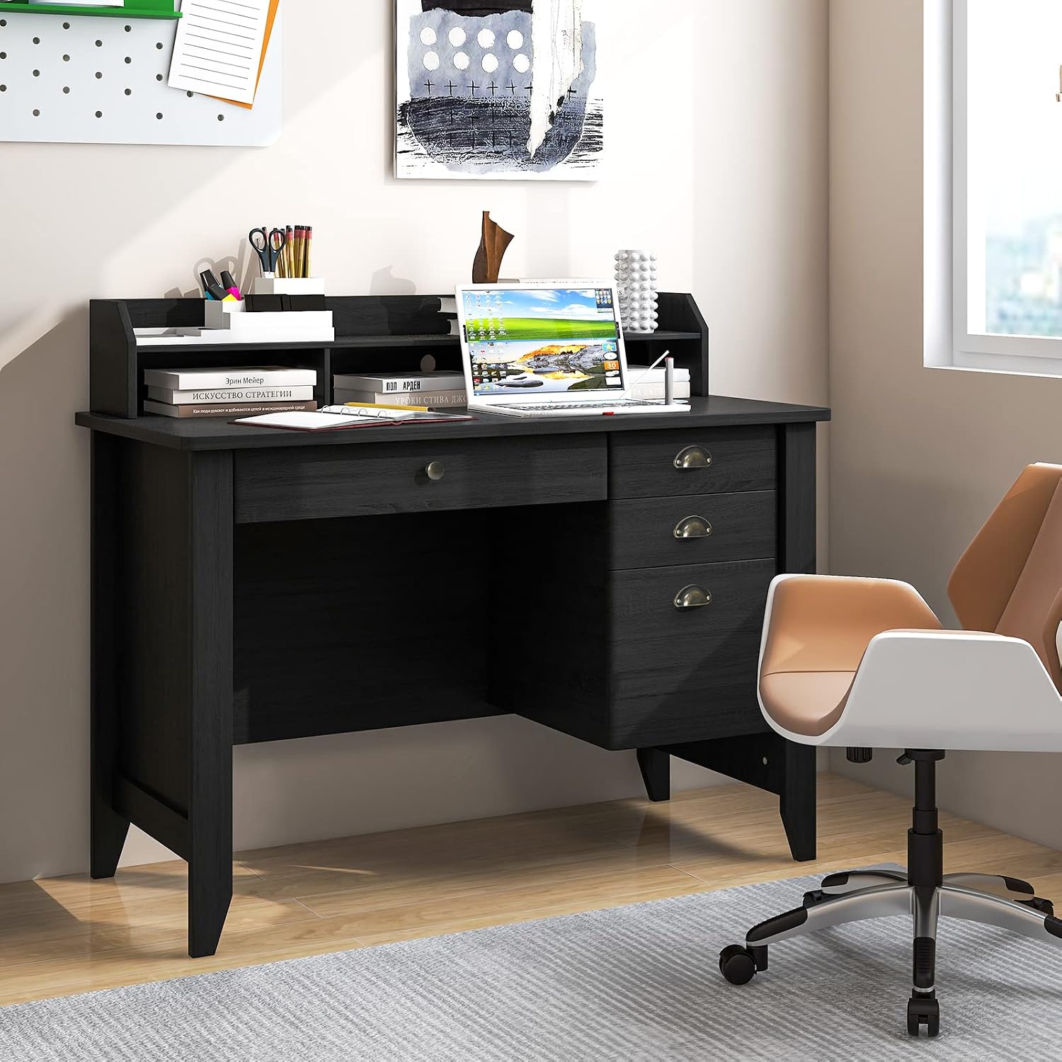 48' Vintage Computer Desk with 4 Storage Drawers & Top Hutch, Home Office Workstation with Drawer & Monitor Stand, Wooden Study Work Writing Table (Black)
