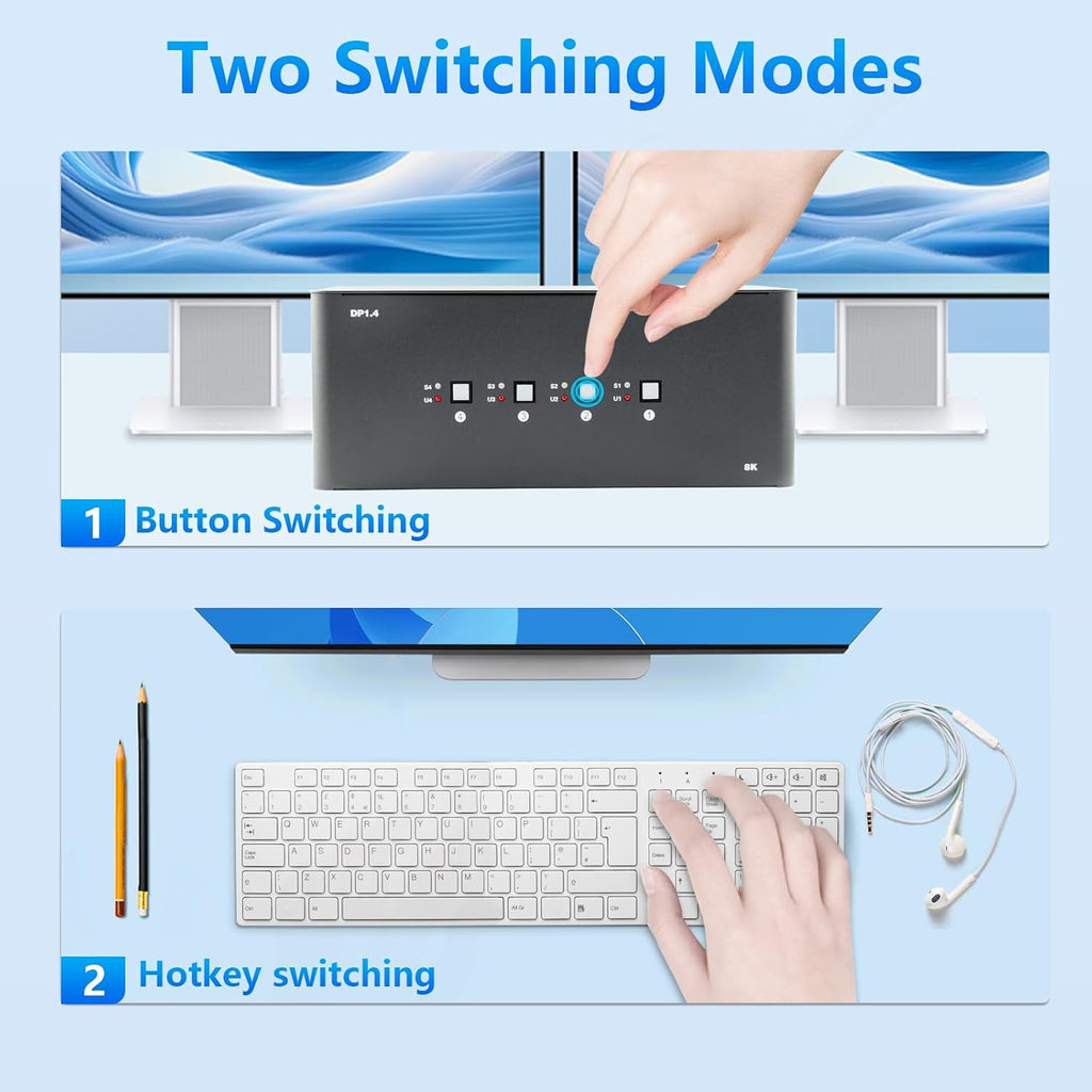 KVM Switch 4 Monitors 4 Computers, 8k Displayport Switch with USB 3.0, Jack, 4 Computers Share a Set of Keyboard, Mouse, Support Windows/Mac/Linux (Quad Monitor)