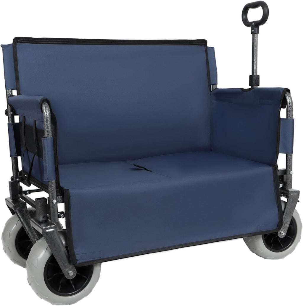 3-in-1 Folding Wagon with Bench Seat – 500lbs Capacity,Reinforced Carbon Steel Frame, 180L Cargo Space– Perfect for Camping, Beach, Outdoor Events & Heavy-Duty Hauling (Dark Blue)