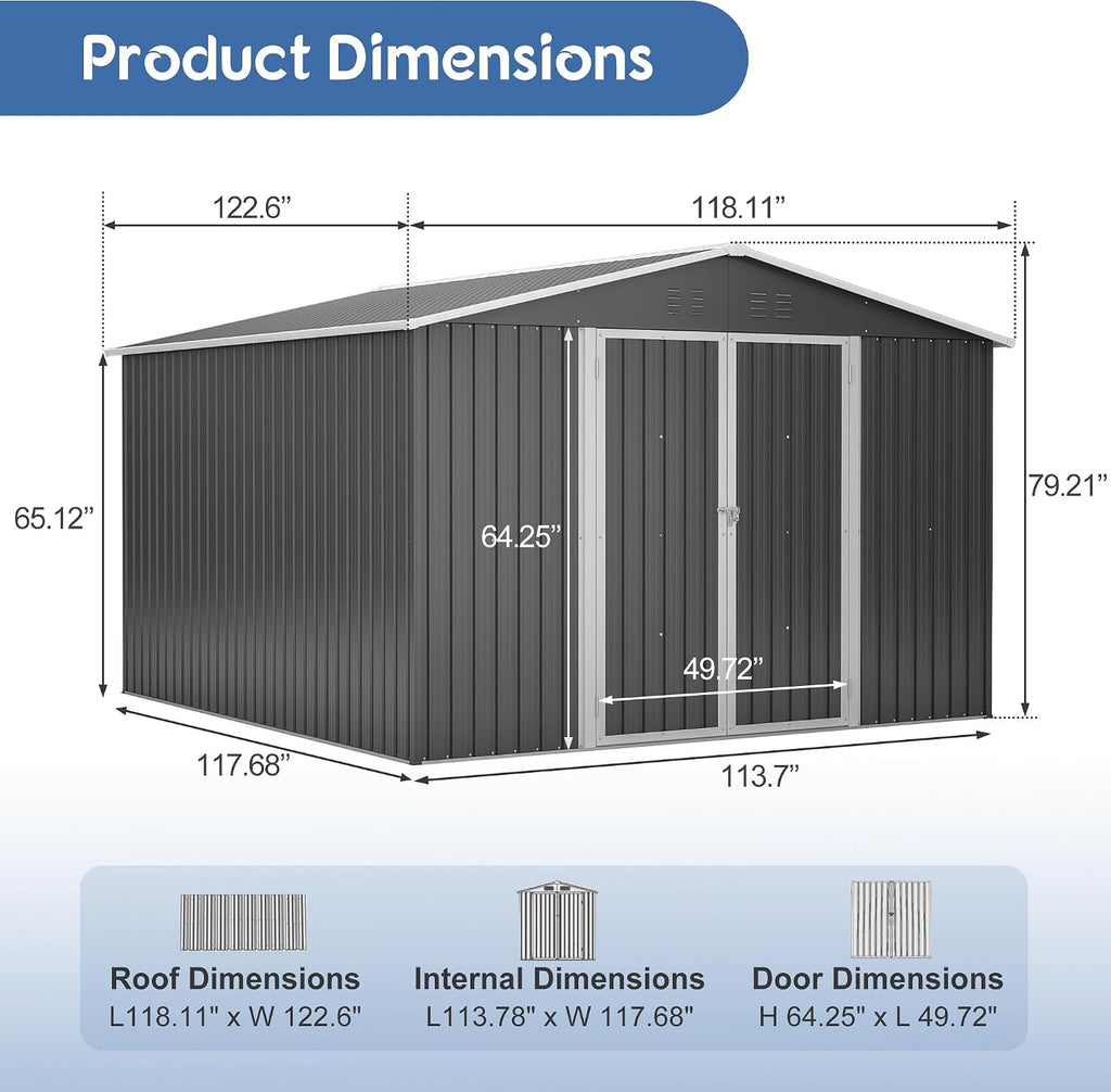 YOPTO 10 x 10 FT Outdoor Storage Shed,Heavy Duty Tool Sheds Metal Storage Garden Shed with Sloped Roof and Lockable Doors,Large Metal Storage Sheds for Backyard Patio Lawn, Black