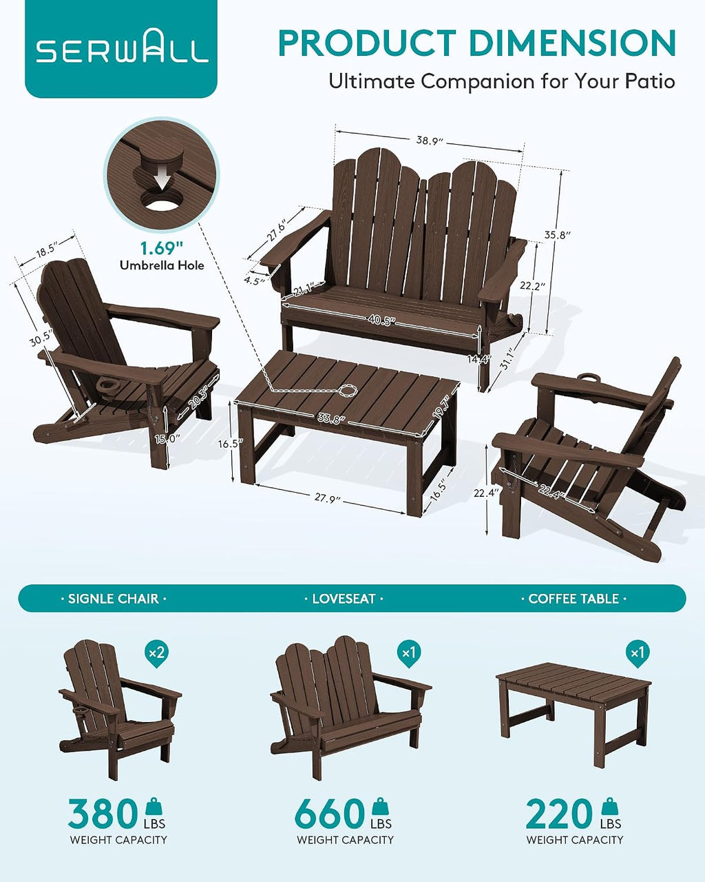 SERWALL 4 Pieces HDPE Patio Adirondack Chair Set, 2 Adirondack Chair with Cup Holder & 1 Adirondack Bench & 1 Coffee Table with Umbrella Hole, Coffee