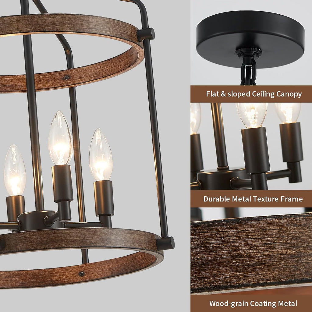 Modern Black Chandelier, 4-Light Farmhouse Dining Room Light Fixture Over Table, Muted Black with Retro Wood Texture Shade, Rustic Cage Hanging Pendant Lighting for Hallway Entryway Kitchen Bedroom