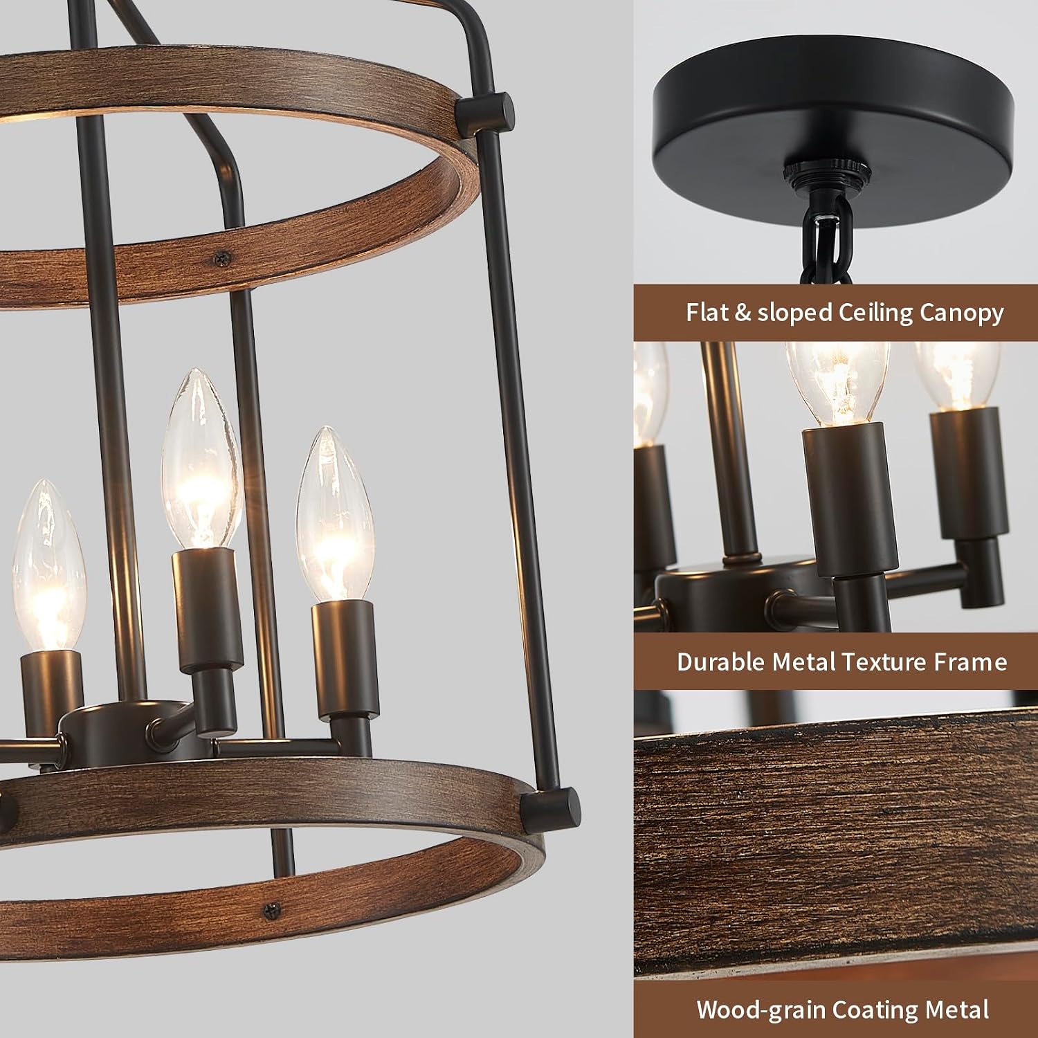 Modern Black Chandelier, 4-Light Farmhouse Dining Room Light Fixture Over Table, Muted Black with Retro Wood Texture Shade, Rustic Cage Hanging Pendant Lighting for Hallway Entryway Kitchen Bedroom