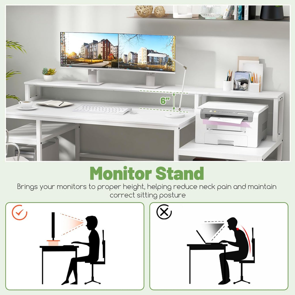 COSTWAY 66-inch Computer Desk with Power Outlet, Office Desk with Monitor Stand, Printer Shelf, File Drawer, CPU Stand, Modern Home Office Desk Computer Workstation, White
