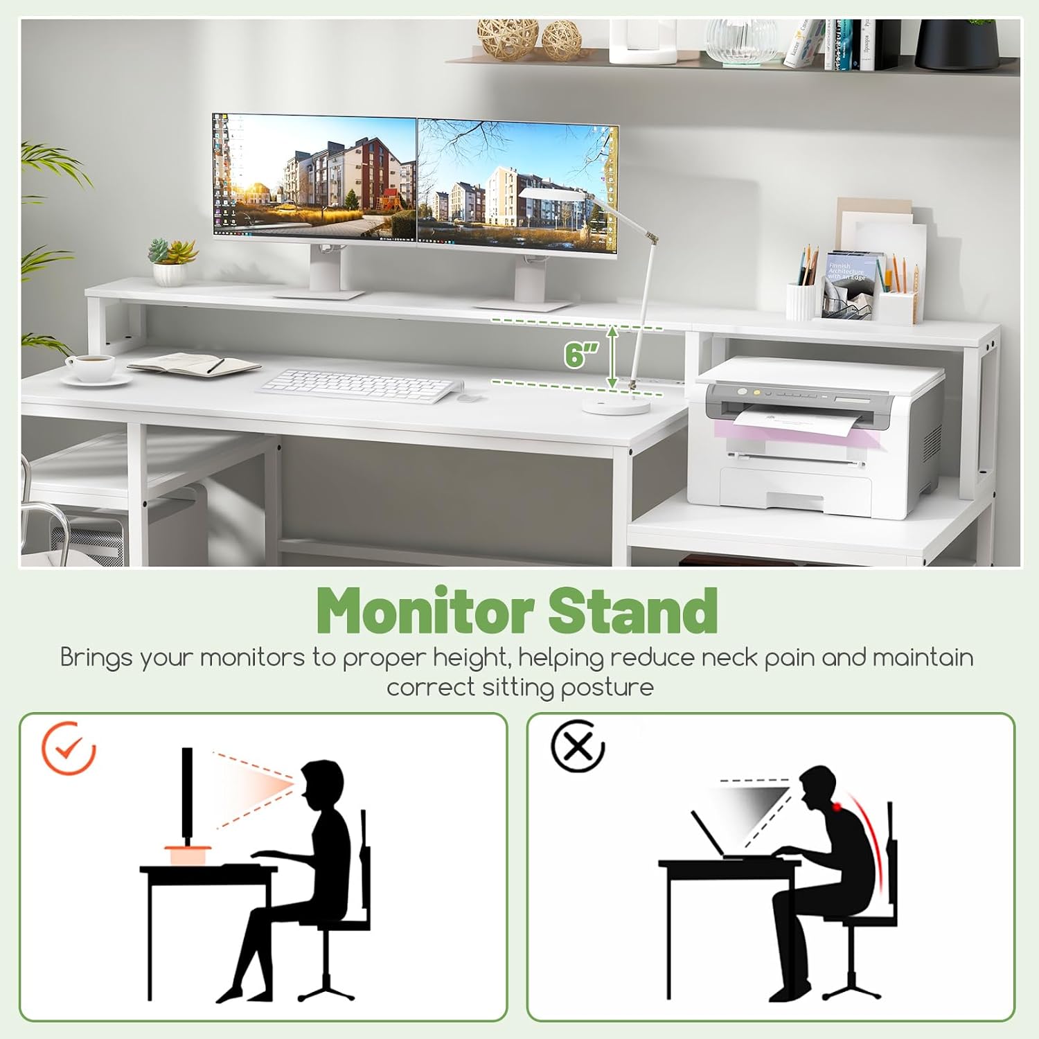 COSTWAY 66-inch Computer Desk with Power Outlet, Office Desk with Monitor Stand, Printer Shelf, File Drawer, CPU Stand, Modern Home Office Desk Computer Workstation, White
