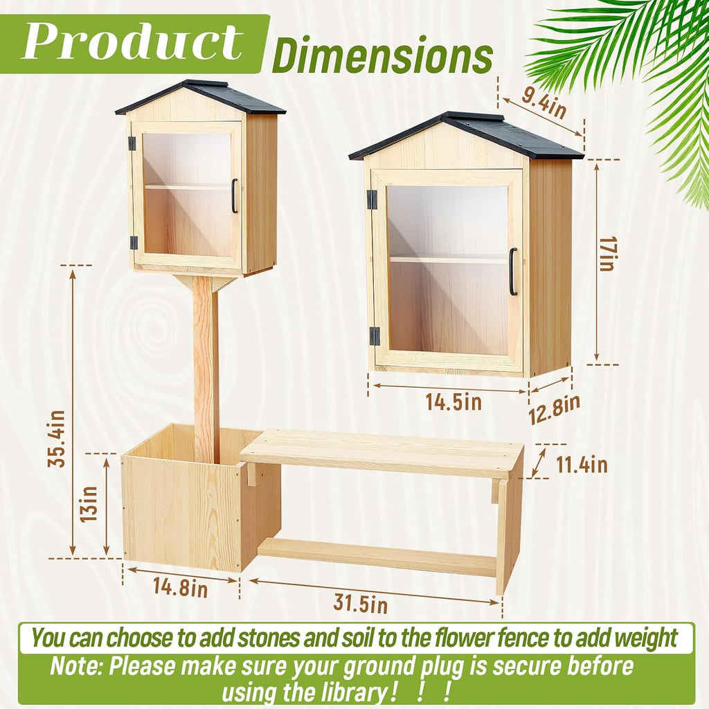 Wonderjune Little Library Box Outdoor with Bench & Planter DIY Paintable Lending Free Library Solid Pine Wood Neighborhood Share Box Ground Mount Kit for Yard Garden Community School(Wood)