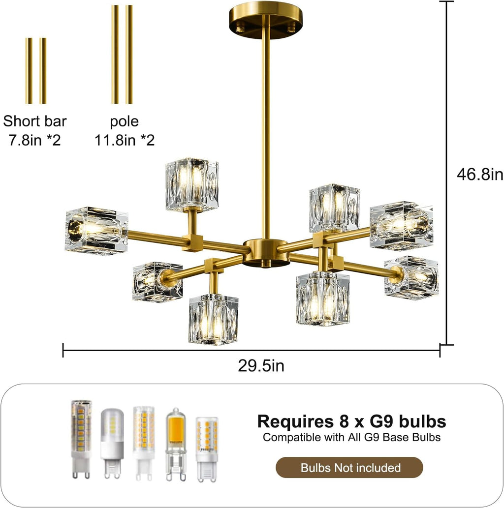 Modern Sputnik Crystal Kitchen Chandelier - Luxury Elegant 8 Light Gold Brushed Brass Chandeliers - Adjustable Height Pendant Lighting Ceiling Fixture for Dining Room Living Room Island Table Bedroom