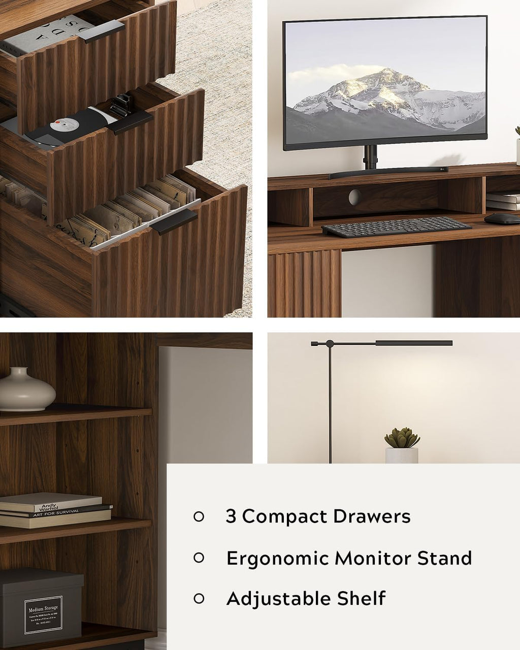 55'' Fluted Executive Desk with Drawers, Modern Home Office Computer Desk with Charging Station, File Drawer, Monitor Stand, Storage Shelf for Work Writing Study, Brown
