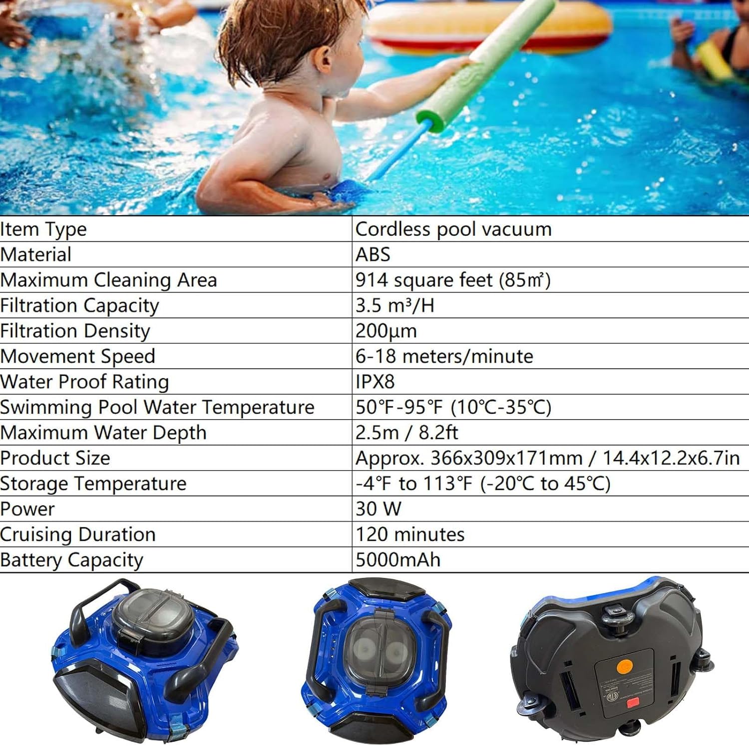 Cordless Pool Vacuum Robot for Inground Pools,120 Min Runtime, Auto-Parking, Lightweight Robotic Pool Vacuum Cleaner,914 Sq Ft Coverage