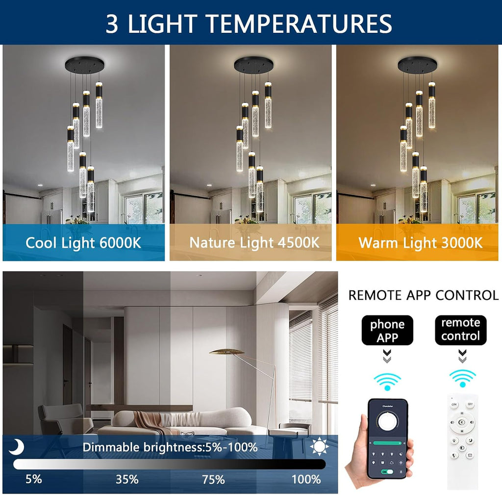 6-Lights Modern Crystal Spiral Chandelier for Staircase High Ceiling Chandeliers Bubble Pendant Lighting Hanging Light Fixture Flush Mount for Living Room Foyer Entryway